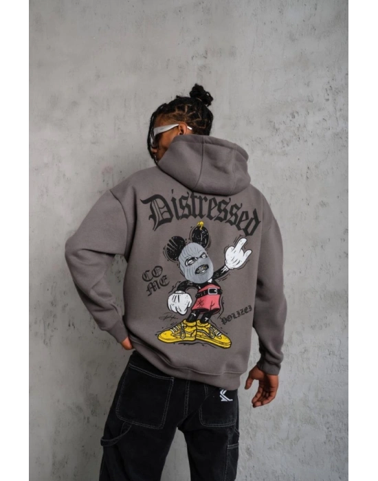 Erkek Üç İplik Baskılı Kapüşonlu weat  Gri