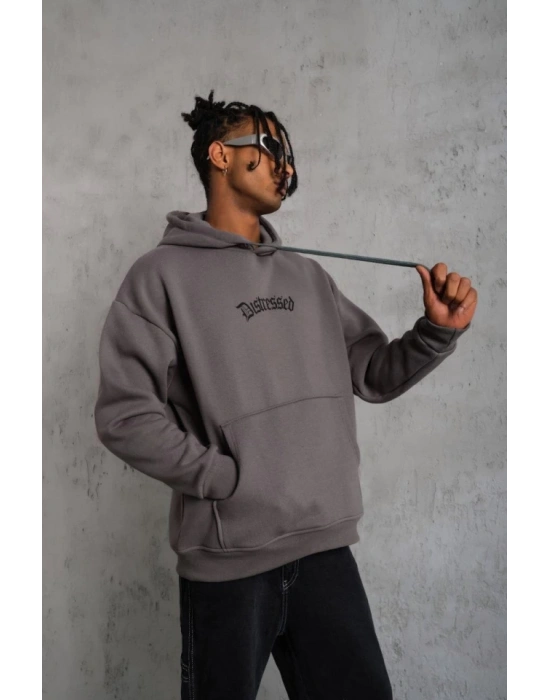 Erkek Üç İplik Baskılı Kapüşonlu weat  Gri