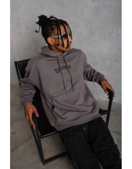 Erkek Üç İplik Baskılı Kapüşonlu weat  Gri