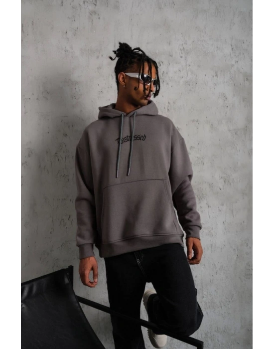 Erkek Üç İplik Baskılı Kapüşonlu weat  Gri