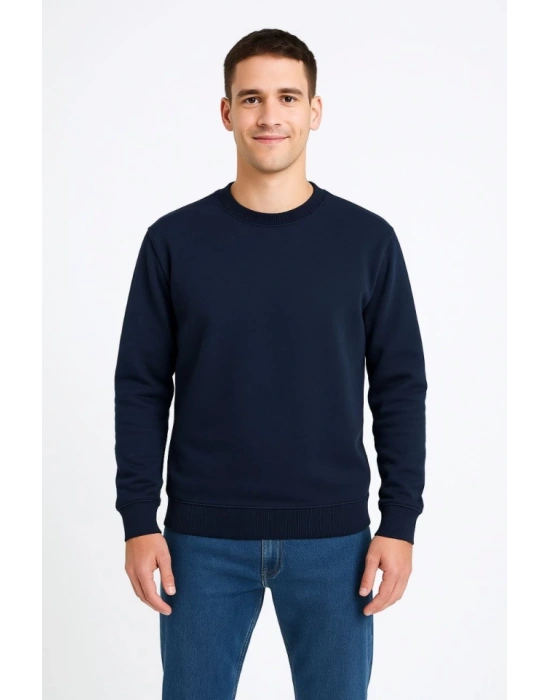 Erkek Üç İplik Düz Bisiklet Yaka weathirt  acivert