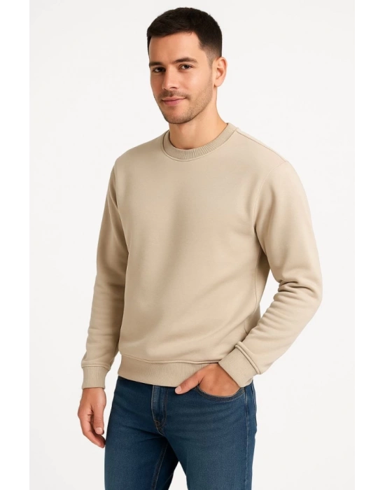 Erkek Üç İplik Düz Bisiklet Yaka weathirt  Bej