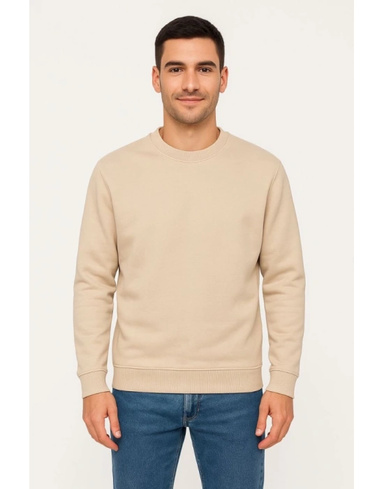 Erkek Üç İplik Düz Bisiklet Yaka weathirt  Bej