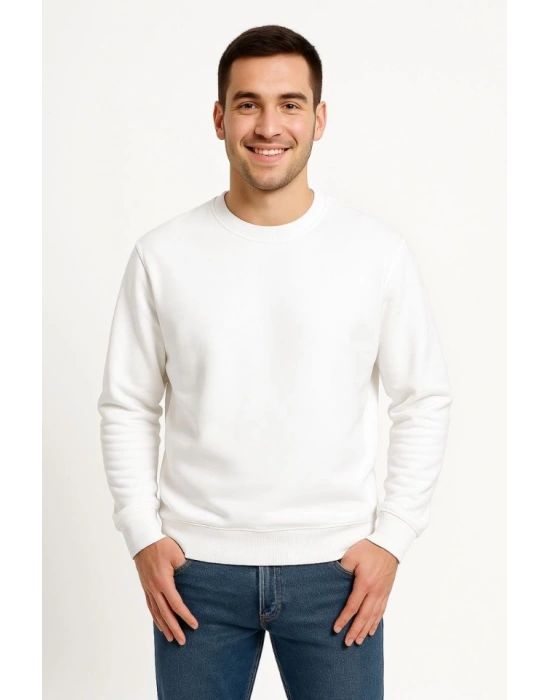 Erkek Üç İplik Düz Bisiklet Yaka weathirt  Beyaz