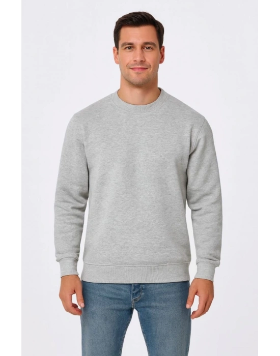 Erkek Üç İplik Düz Bisiklet Yaka weathirt  Gri