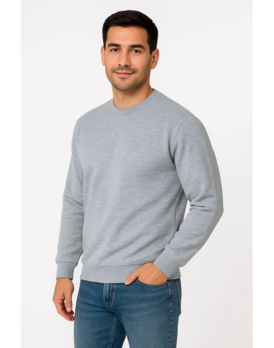 Erkek Üç İplik Düz Bisiklet Yaka weathirt  Gri