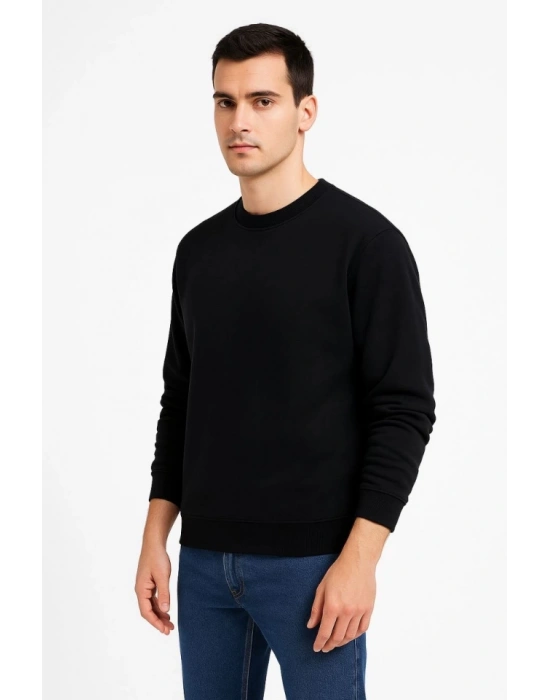 Erkek Üç İplik Düz Bisiklet Yaka weathirt  iyah