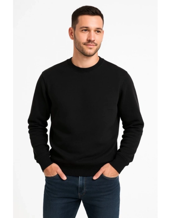 Erkek Üç İplik Düz Bisiklet Yaka weathirt  iyah