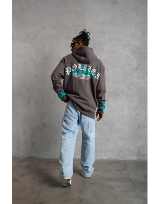 Erkek Üç İplik İçi Pamuklu Alev Baskılı Kapüşonlu weatshirt  Gri