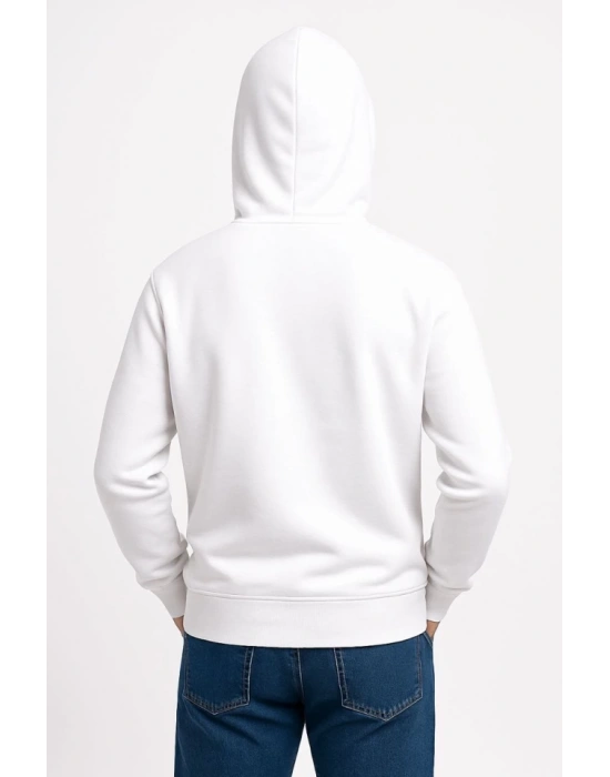 Erkek Üç İplik Kapüşonlu Kanguru Cepli weathirt Hoodie  Beyaz