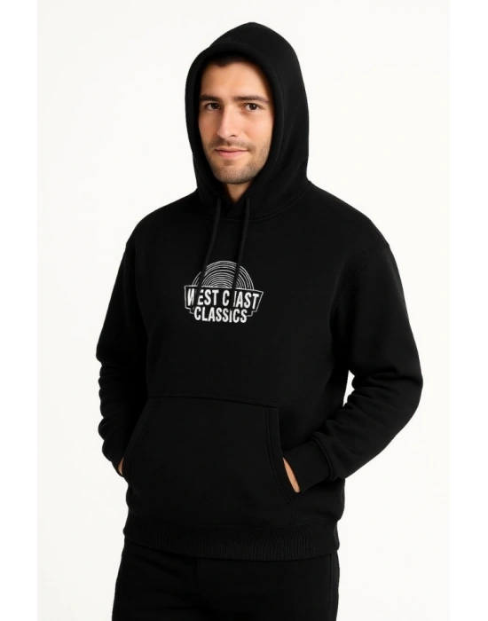Erkek Üç İplik Kapüşonlu Ön Ve Arka Baskılı weathirt Hoodie  iyah