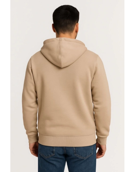 Erkek Üç İplik Kapüşonlu Tam Fermuarlı Kanguru Çepli weathirt Hoodie  Bej