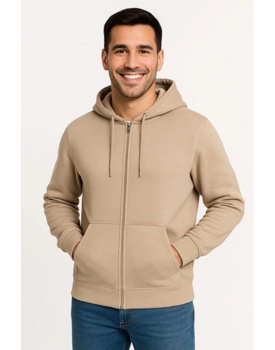 Erkek Üç İplik Kapüşonlu Tam Fermuarlı Kanguru Çepli weathirt Hoodie  Bej