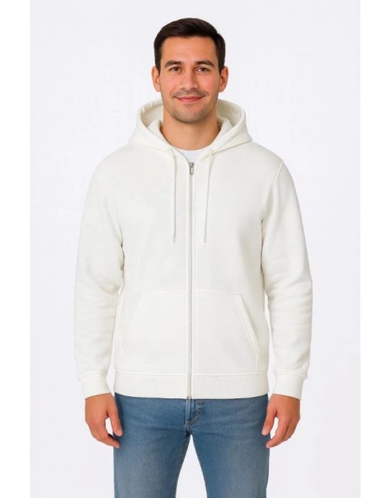 Erkek Üç İplik Kapüşonlu Tam Fermuarlı Kanguru Çepli weathirt Hoodie  Beyaz