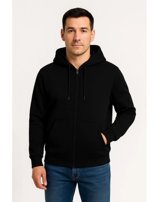Erkek Üç İplik Kapüşonlu Tam Fermuarlı Kanguru Çepli weathirt Hoodie  iyah