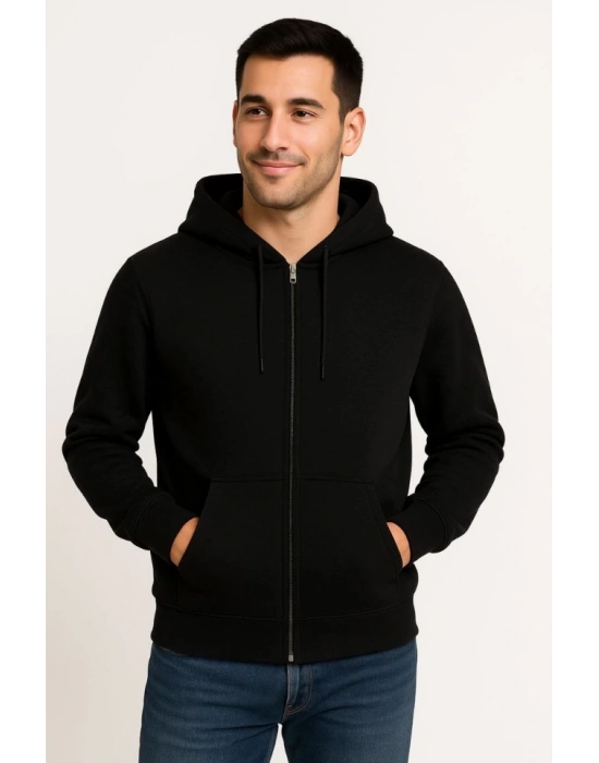 Erkek Üç İplik Kapüşonlu Tam Fermuarlı Kanguru Çepli weathirt Hoodie  iyah