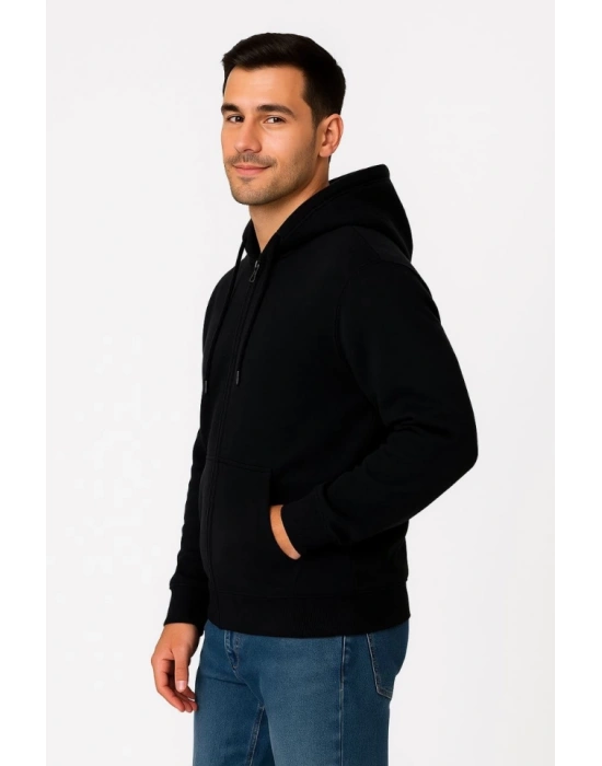 Erkek Üç İplik Kapüşonlu Tam Fermuarlı Kanguru Çepli weathirt Hoodie  iyah