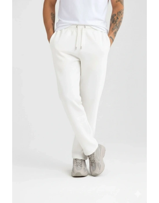 Erkek Üç Iplik Kışlık Pamuklu Ovarsize Bağcıklı Düz Paça Cepli Eşofman Altı por Rahat odel  Beyaz