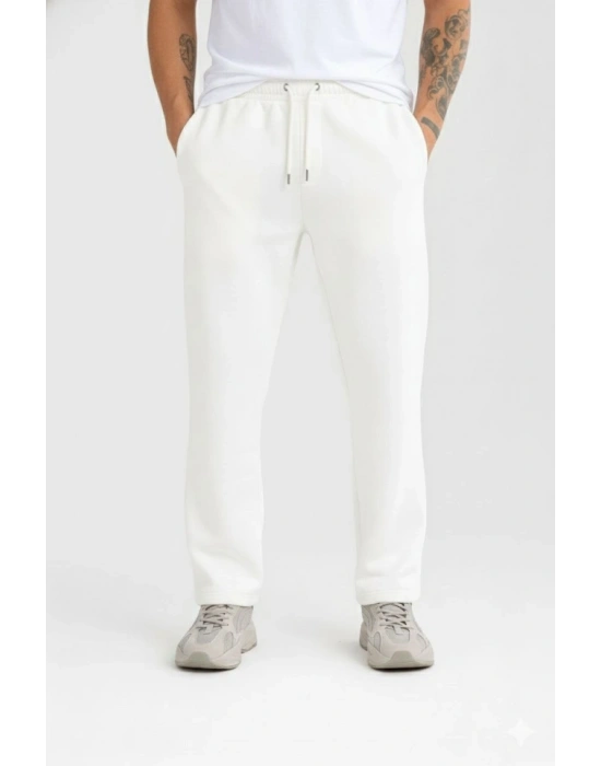 Erkek Üç Iplik Kışlık Pamuklu Ovarsize Bağcıklı Düz Paça Cepli Eşofman Altı por Rahat odel  Beyaz