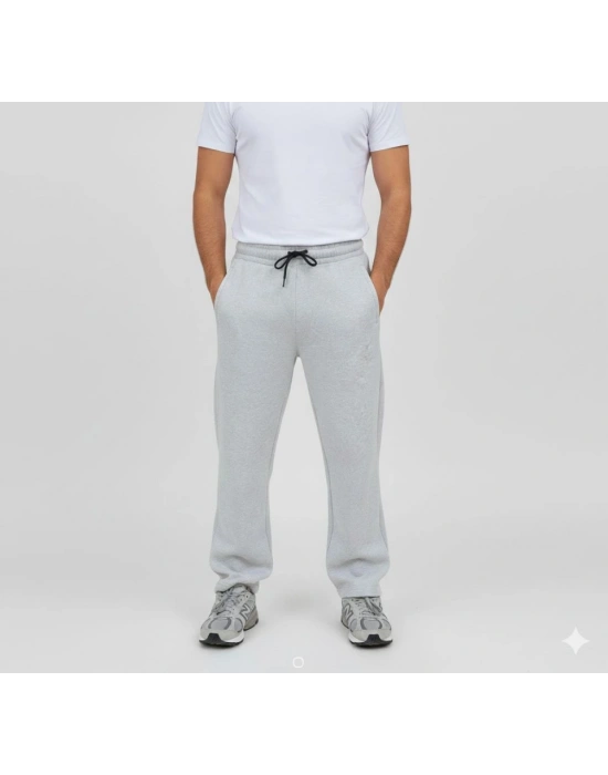 Erkek Üç Iplik Kışlık Pamuklu Ovarsize Bağcıklı Düz Paça Cepli Eşofman Altı por Rahat odel  Gri