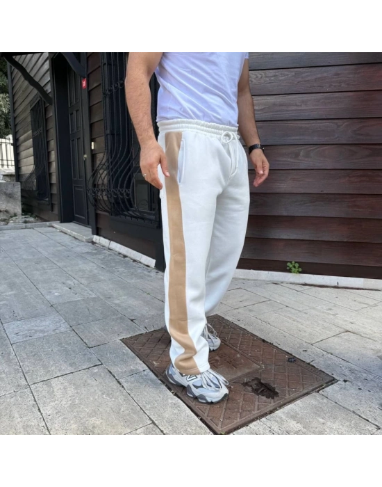 Erkek Üç İplik Kışlık Pamuklu Yandan Garneli Kalın Bej Şeritli Cepli Eşofman Altı  Beyaz