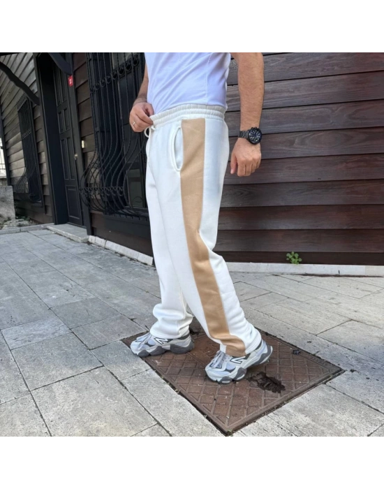 Erkek Üç İplik Kışlık Pamuklu Yandan Garneli Kalın Bej Şeritli Cepli Eşofman Altı  Beyaz