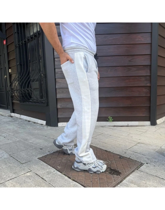 Erkek Üç İplik Kışlık Pamuklu Yandan Garneli Kalın Bej Şeritli Cepli Eşofman Altı  Gri