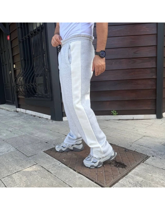 Erkek Üç İplik Kışlık Pamuklu Yandan Garneli Kalın Bej Şeritli Cepli Eşofman Altı  Gri