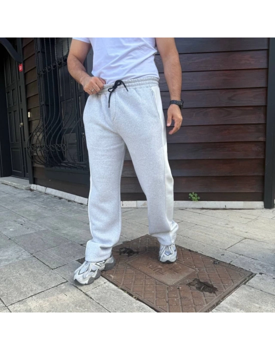 Erkek Üç İplik Kışlık Pamuklu Yandan Garneli Kalın Bej Şeritli Cepli Eşofman Altı  Gri