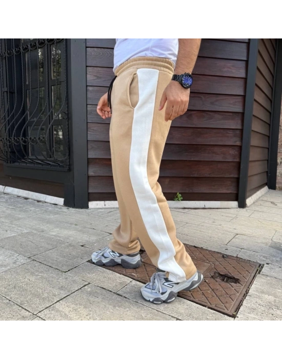 Erkek Üç İplik Kışlık Pamuklu Yandan Garneli Kalın Şeritli Cepli Eşofman Altı  Bej