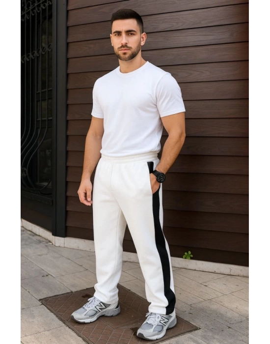 Erkek Üç İplik Kışlık Pamuklu Yandan Garneli Kalın Şeritli Cepli Eşofman Altı  Beyaz