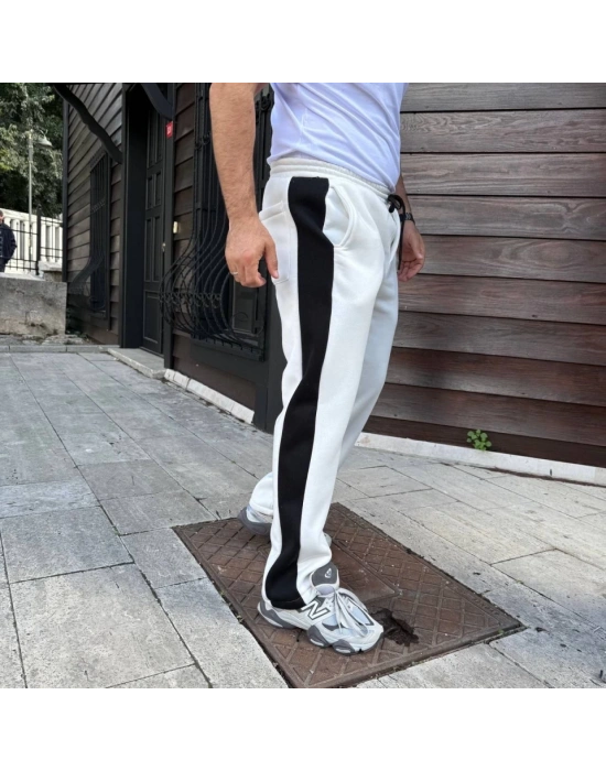 Erkek Üç İplik Kışlık Pamuklu Yandan Garneli Kalın Şeritli Cepli Eşofman Altı  Beyaz