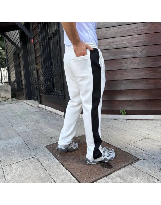 Erkek Üç İplik Kışlık Pamuklu Yandan Garneli Kalın Şeritli Cepli Eşofman Altı  Beyaz