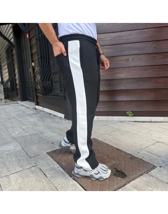 Erkek Üç İplik Kışlık Pamuklu Yandan Garneli Kalın Şeritli Cepli Eşofman Altı  iyah