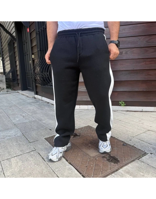 Erkek Üç İplik Kışlık Pamuklu Yandan Garneli Kalın Şeritli Cepli Eşofman Altı  iyah