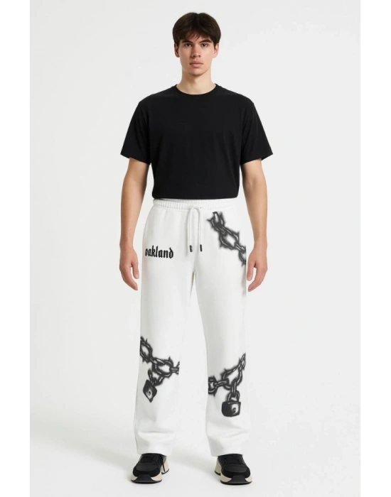 Erkek Üç İplik Pamuklu Baskılı Cepli Jogger Buggy Pantalon Oversize Kalıp  Beyaz