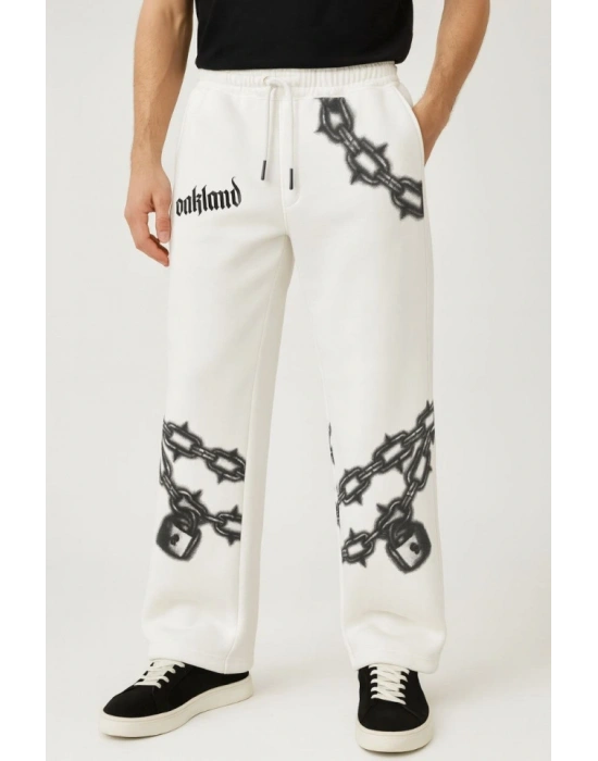 Erkek Üç İplik Pamuklu Baskılı Cepli Jogger Buggy Pantalon Oversize Kalıp  Beyaz