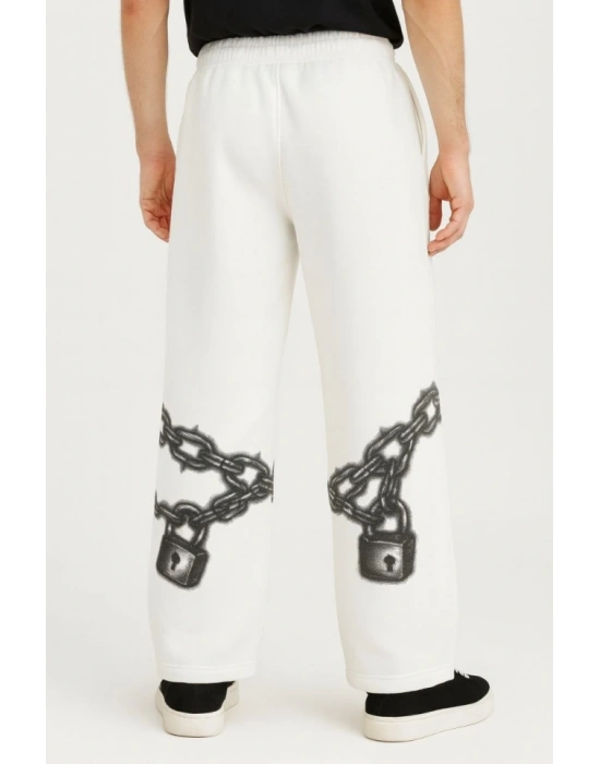 Erkek Üç İplik Pamuklu Baskılı Cepli Jogger Buggy Pantalon Oversize Kalıp  Beyaz