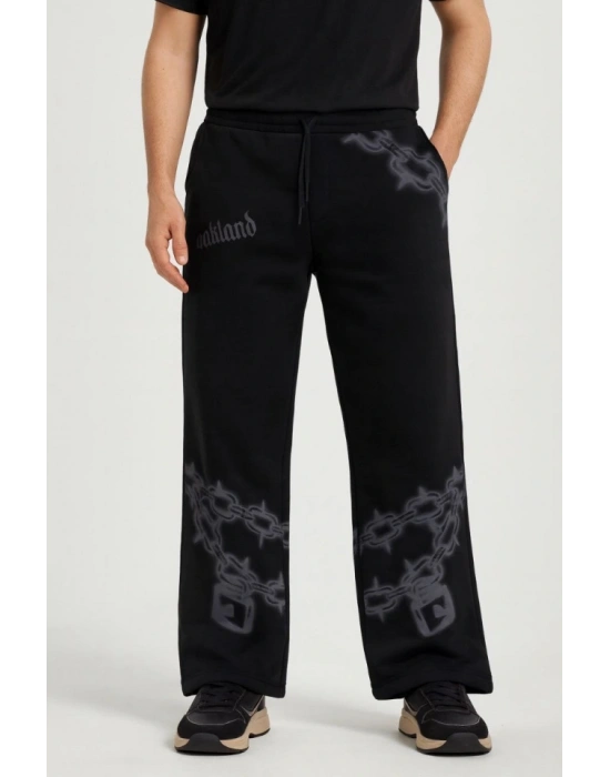 Erkek Üç İplik Pamuklu Baskılı Cepli Jogger Buggy Pantalon Oversize Kalıp  iyah