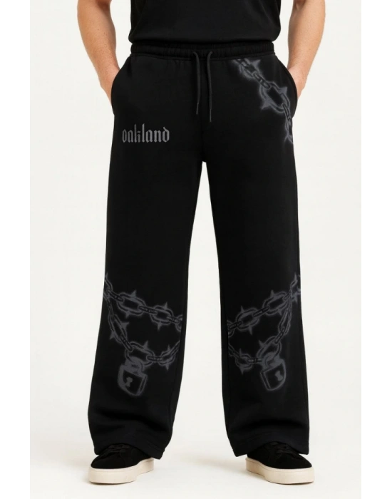 Erkek Üç İplik Pamuklu Baskılı Cepli Jogger Buggy Pantalon Oversize Kalıp  iyah