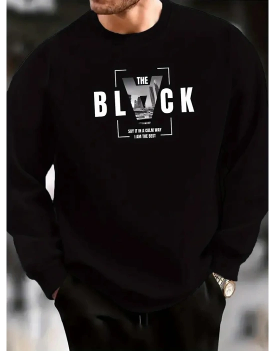 Erkek Uzun Kollu Bisiklet Yaka Black Logolu Iki Iplik Bluz