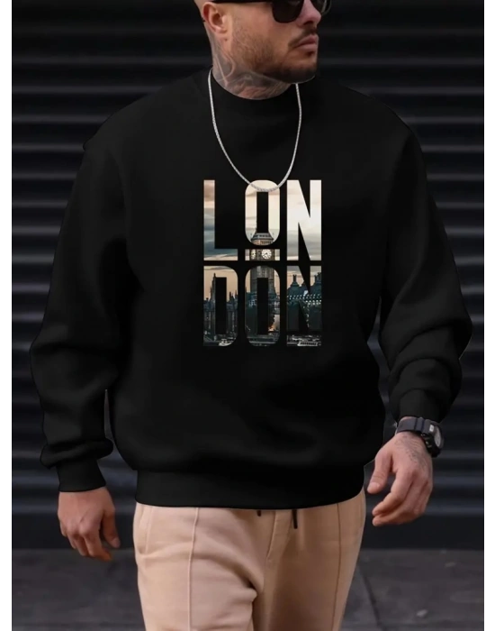 Erkek Uzun Kollu Bisiklet Yaka London Logo Baskılı Iki Iplik Sweat