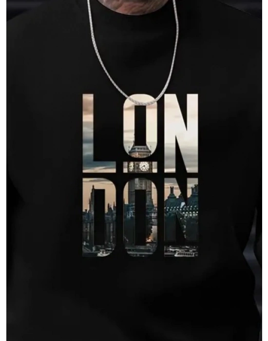 Erkek Uzun Kollu Bisiklet Yaka London Logo Baskılı Iki Iplik Sweat