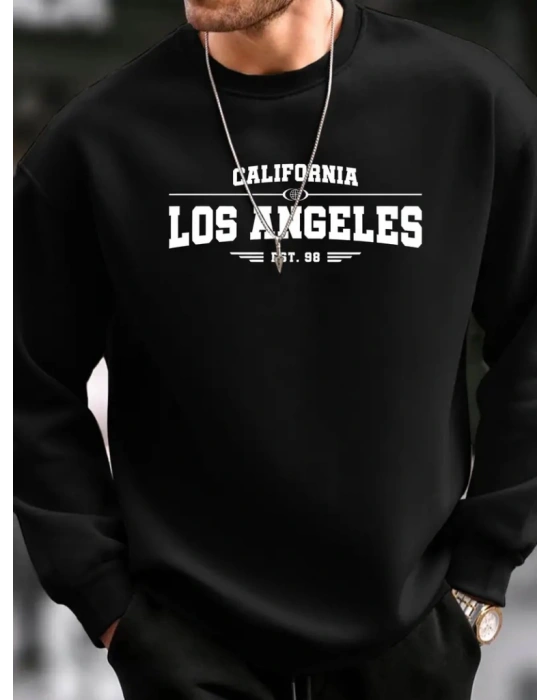 Erkek Uzun Kollu Bisiklet Yaka Los Angeles Yazılı Iki Iplik Bluz