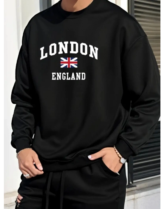 Erkek Uzun Kollu Bisiklet Yaka Yazı Baskılı Iki Iplik Sweat