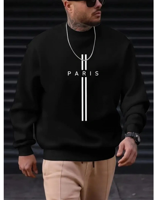 Erkek Uzun Kollu Bisiklet Yaka Yazı Detaylı Iki Iplik Bluz