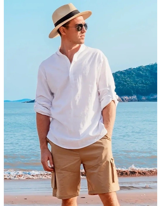 Erkek Uzun Kollu Hakim Yaka Düğmeli Erkek Müslim Gömlek