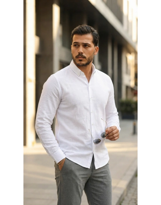 Erkek Uzun Kollu Rahat Keten Gömlek