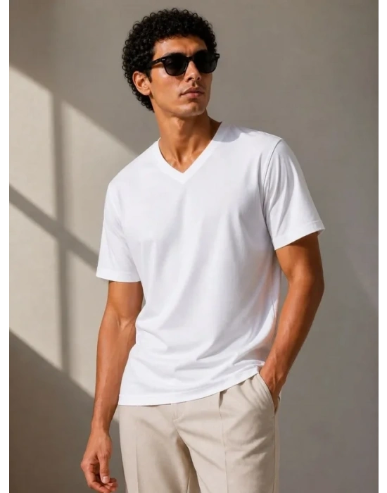 Erkek V Yaka Basic Tişört Kısa Kol Yazlık Regular Fit Thirt  Beyaz