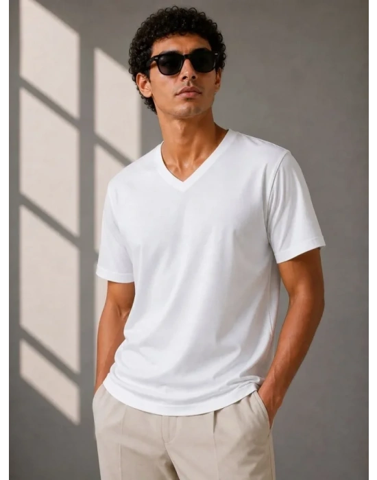 Erkek V Yaka Basic Tişört Kısa Kol Yazlık Regular Fit Thirt  Beyaz